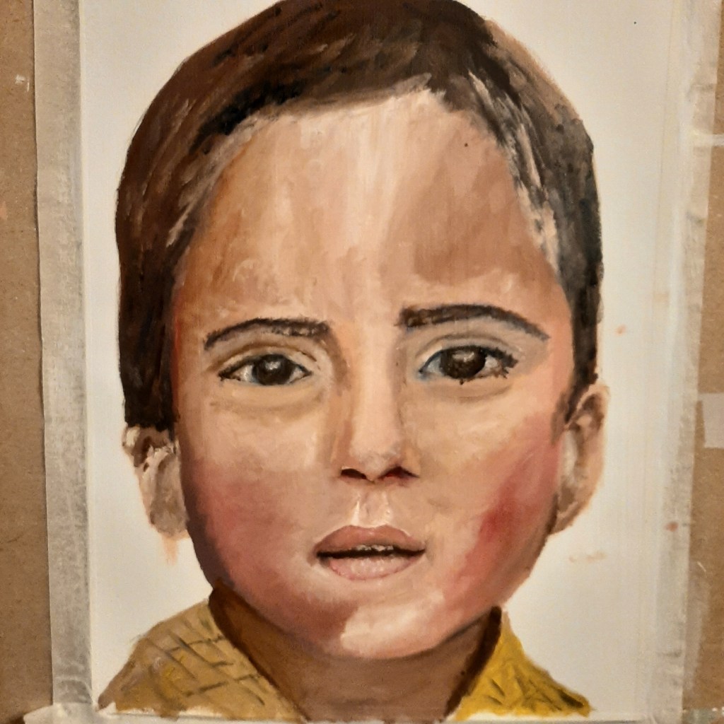 Warchild, kinderen in oorlogsgebied, kinderen in Gaza, kinderportretten, kinderportretten schilderen,