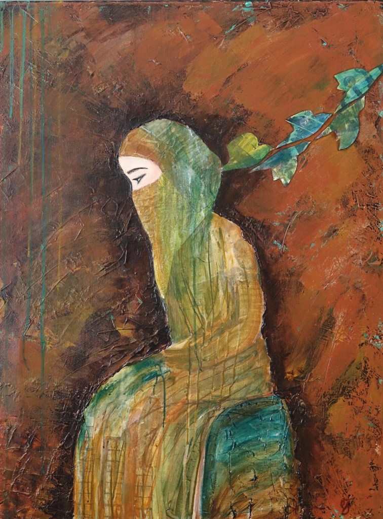 Schilderij van een meisje met wegvliegende vogels, symbool voor verboden onderwijs en verloren vrijheid, geïnspireerd door de situatie van meisjes in Afghanistan.