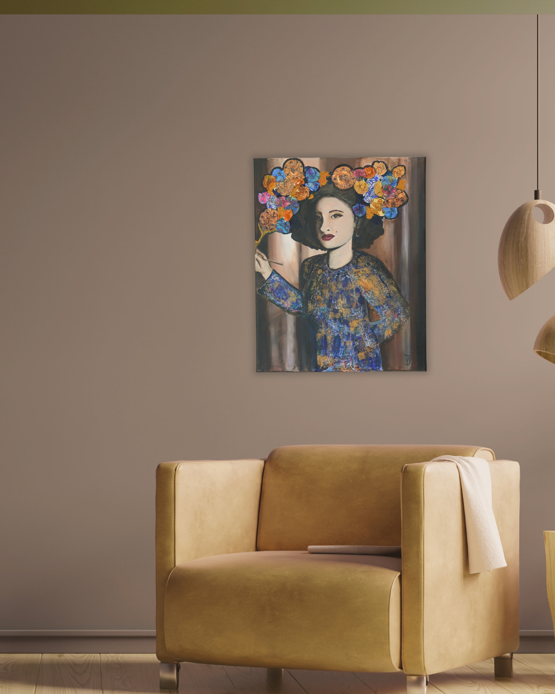 Painting, blue flowers, oker flowers, woman, collage, walldecoration, canvas,40x50